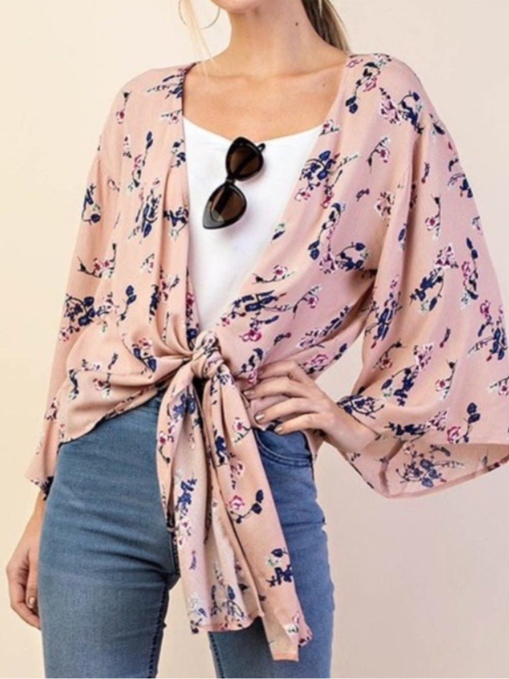 KORI America Floral Tie Front Kimono Top NWT Size S Blush Pink Bell Sleeve